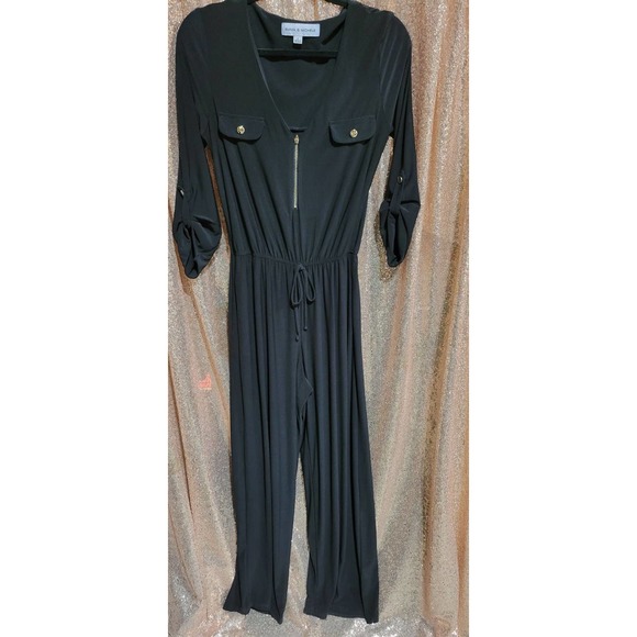 Emma & Michele Black 3/4 sleeve Jumpsuit. Gold button Hardware. Size Small. V-ne - Picture 1 of 9